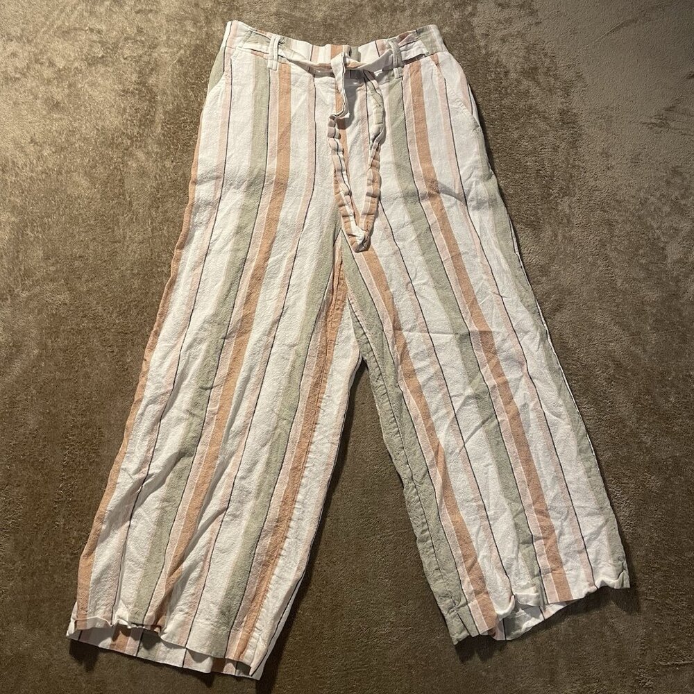 Rachel Zoe Pants Womens 6 Linen Pull On Striped Wide‎ Leg Coastal Resort Belted